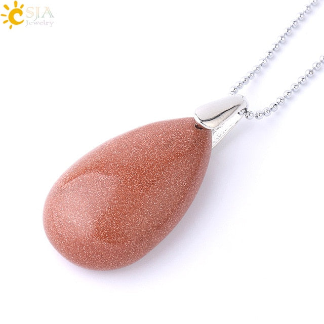 CSJA Natural Gem Stone Water Drop Necklaces Pendants Tiger Eye Lapis Lazuli Clear Crystal Opal Reiki Healing