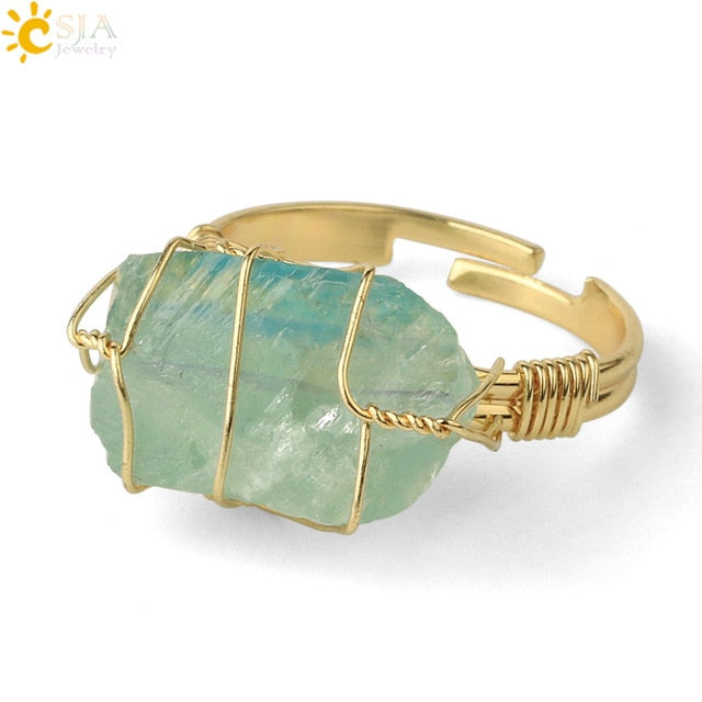 CSJA Natural Stone Irregular Wire Wrap Women Rings Healing Crystal Fluorite Gold-color Resizable Fashion Finger Ring