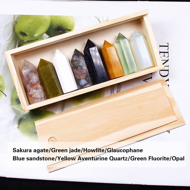 1set Wooden box gift box High quality Natural Hand Carved crystal points quartz wand pillar