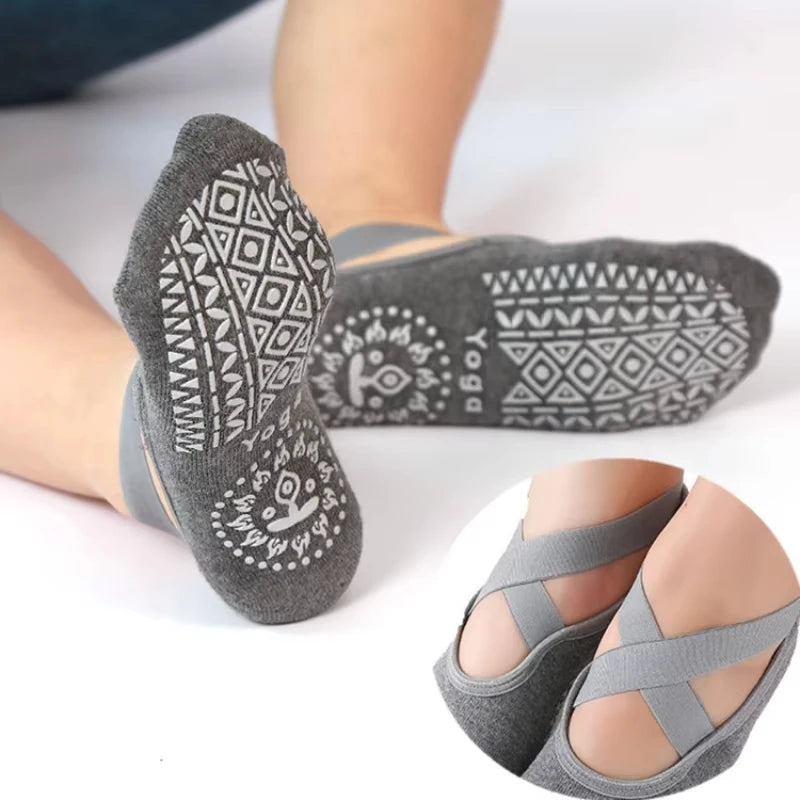 Bandage Yoga Pilates Socks for Women Ballet Dance Cotton Socks Anti-slip Woman Sport Sock Gym Workout Slipper Running Grip Sock