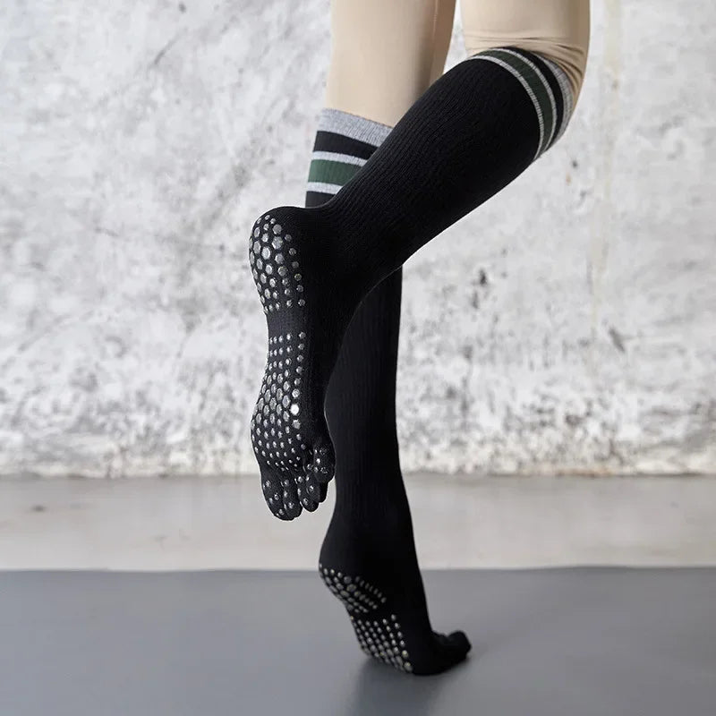 Pilates Yoga Socks Women Five Toes Cotton Long Socks Stockings Professional Silicone Anti-slip Floor Fitness Dance Sports Socks