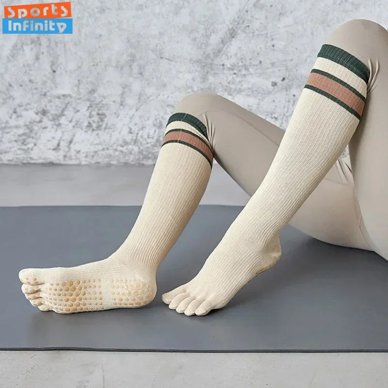 Pilates Yoga Socks Women Five Toes Cotton Long Socks Stockings Professional Silicone Anti-slip Floor Fitness Dance Sports Socks