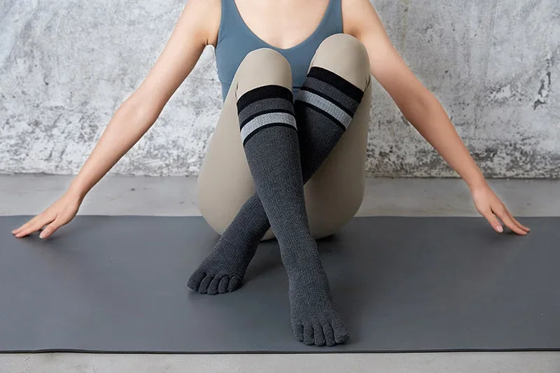 Pilates Yoga Socks Women Five Toes Cotton Long Socks Stockings Professional Silicone Anti-slip Floor Fitness Dance Sports Socks