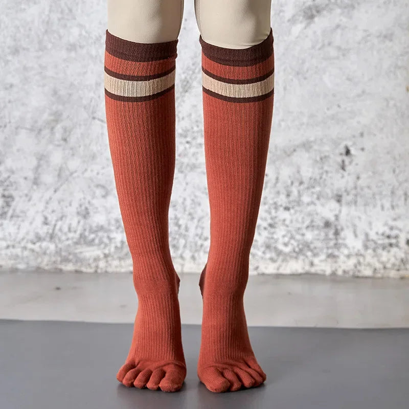 Pilates Yoga Socks Women Five Toes Cotton Long Socks Stockings Professional Silicone Anti-slip Floor Fitness Dance Sports Socks