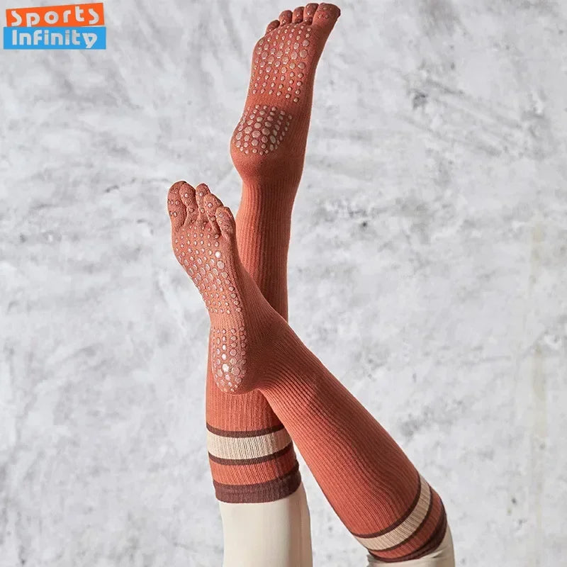 Pilates Yoga Socks Women Five Toes Cotton Long Socks Stockings Professional Silicone Anti-slip Floor Fitness Dance Sports Socks