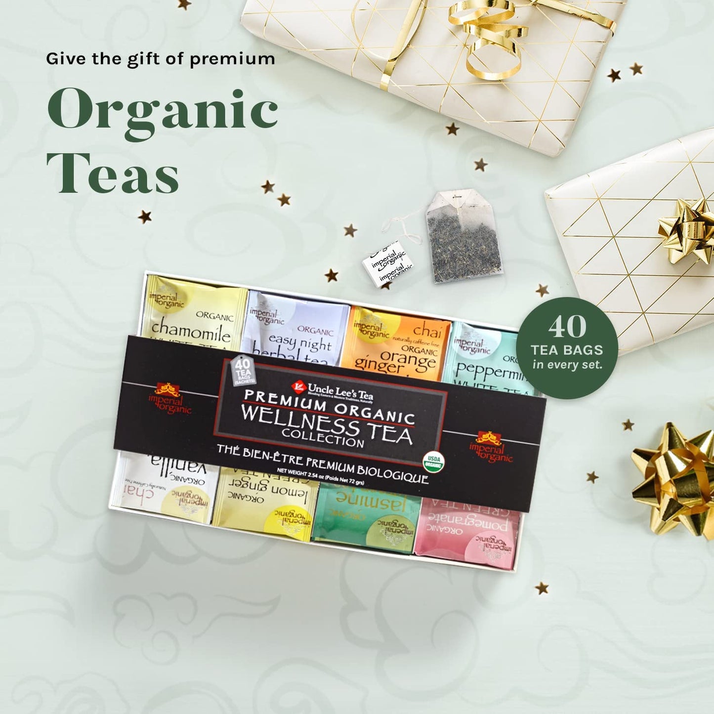 Uncle Lee’s Imperial Premium Organic Tea Gift Set, Traditional & Herbal Tea Bags, Wellness Tea Variety Pack (Rooibos Chai Tea, Peppermint Tea, Jasmine Green Tea Assortment) - 40 Tea Bags