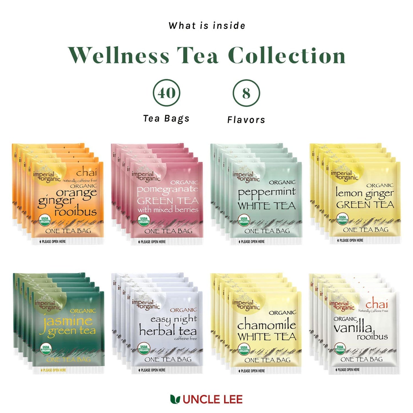 Uncle Lee’s Imperial Premium Organic Tea Gift Set, Traditional & Herbal Tea Bags, Wellness Tea Variety Pack (Rooibos Chai Tea, Peppermint Tea, Jasmine Green Tea Assortment) - 40 Tea Bags