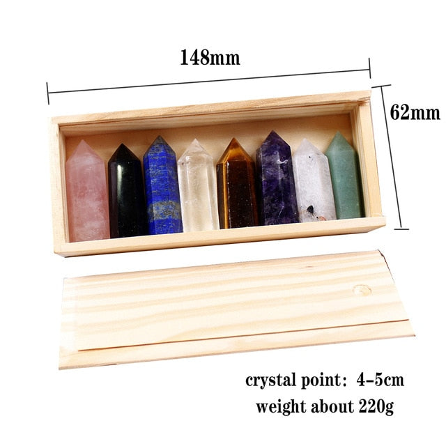 1set Wooden box gift box High quality Natural Hand Carved crystal points quartz wand pillar