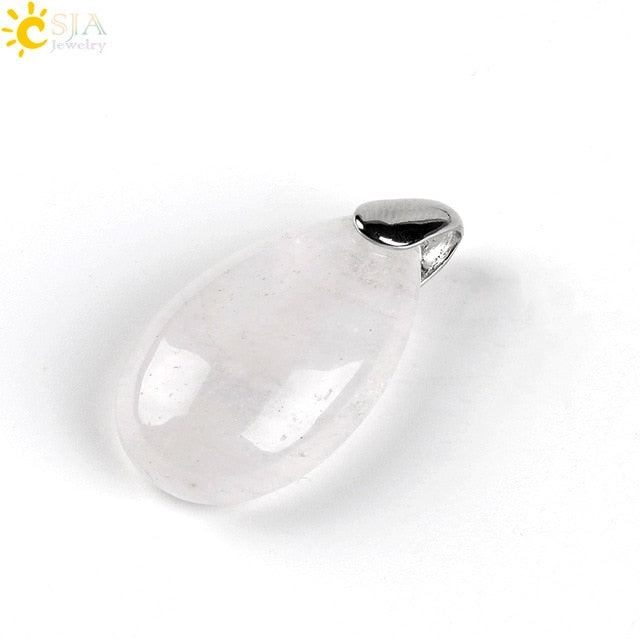 CSJA Natural Gem Stone Water Drop Necklaces Pendants Tiger Eye Lapis Lazuli Clear Crystal Opal Reiki Healing