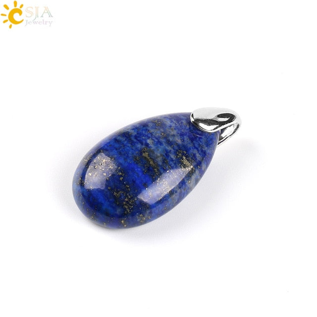 CSJA Natural Gem Stone Water Drop Necklaces Pendants Tiger Eye Lapis Lazuli Clear Crystal Opal Reiki Healing