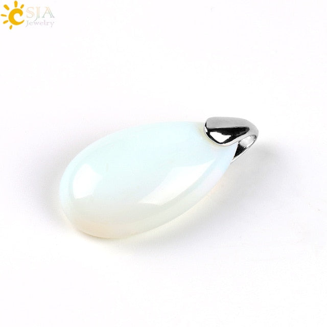CSJA Natural Gem Stone Water Drop Necklaces Pendants Tiger Eye Lapis Lazuli Clear Crystal Opal Reiki Healing
