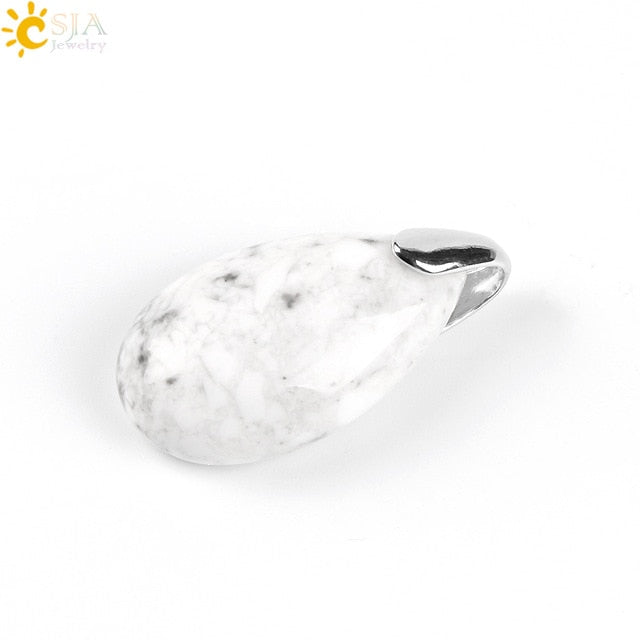 CSJA Natural Gem Stone Water Drop Necklaces Pendants Tiger Eye Lapis Lazuli Clear Crystal Opal Reiki Healing