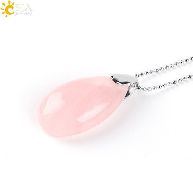 CSJA Natural Gem Stone Water Drop Necklaces Pendants Tiger Eye Lapis Lazuli Clear Crystal Opal Reiki Healing