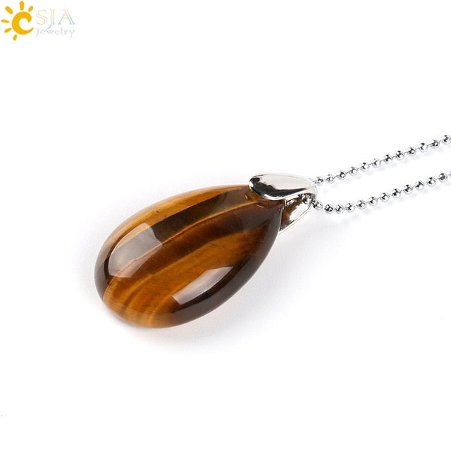 CSJA Natural Gem Stone Water Drop Necklaces Pendants Tiger Eye Lapis Lazuli Clear Crystal Opal Reiki Healing