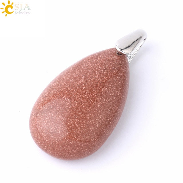 CSJA Natural Gem Stone Water Drop Necklaces Pendants Tiger Eye Lapis Lazuli Clear Crystal Opal Reiki Healing