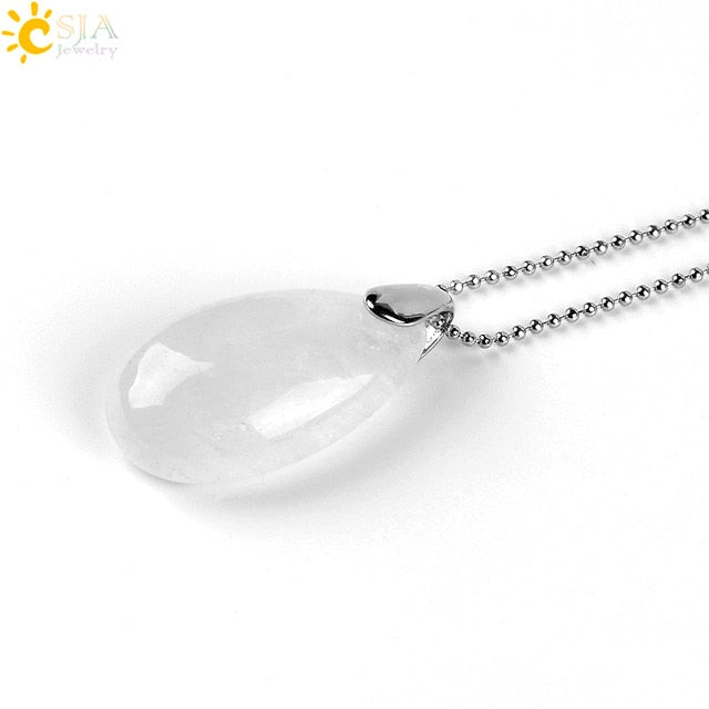 CSJA Natural Gem Stone Water Drop Necklaces Pendants Tiger Eye Lapis Lazuli Clear Crystal Opal Reiki Healing