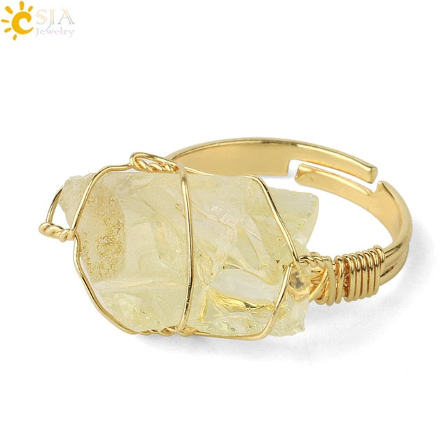 CSJA Natural Stone Irregular Wire Wrap Women Rings Healing  Crystal Fluorite Gold-color Resizable Fashion Finger Ring