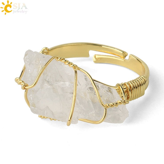 CSJA Natural Stone Irregular Wire Wrap Women Rings Healing  Crystal Fluorite Gold-color Resizable Fashion Finger Ring