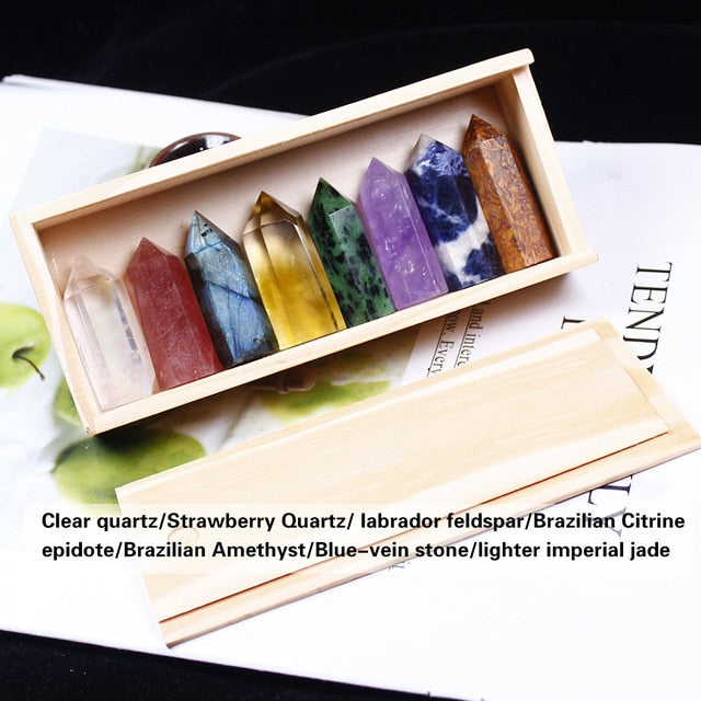 1set Wooden box gift box High quality Natural Hand Carved crystal points quartz wand pillar