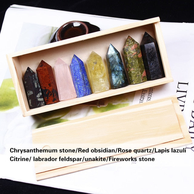 1set Wooden box gift box High quality Natural Hand Carved crystal points quartz wand pillar