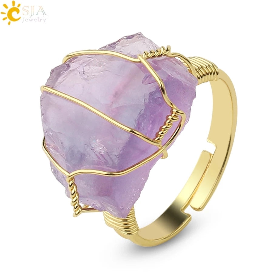 CSJA Natural Stone Irregular Wire Wrap Women Rings Healing  Crystal Fluorite Gold-color Resizable Fashion Finger Ring