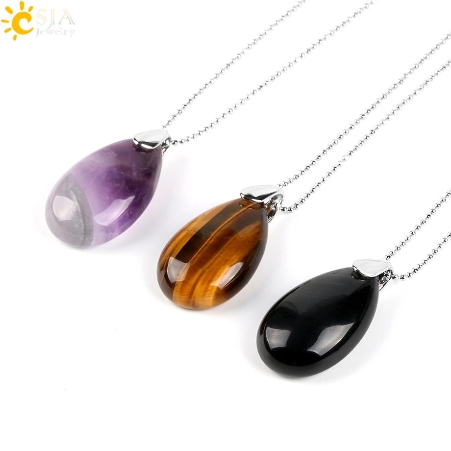 CSJA Natural Gem Stone Water Drop Necklaces Pendants Tiger Eye Lapis Lazuli Clear Crystal Opal Reiki Healing