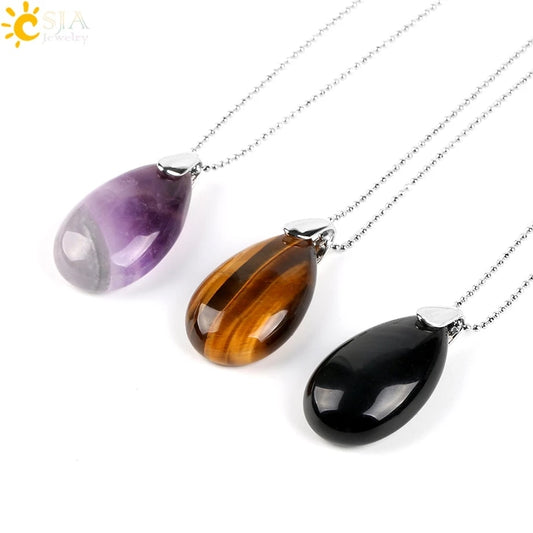 CSJA Natural Gem Stone Water Drop Necklaces Pendants Tiger Eye Lapis Lazuli Clear Crystal Opal Reiki Healing
