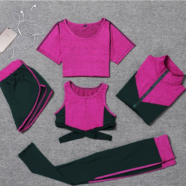 5 Piece Girl Yoga Sets 3 Piece Workout Sets Fitness Clothing Running Tracksuit Plus Size Jogging Tights